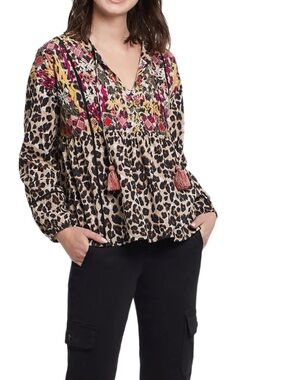 John Mark Leopard Print Peasant Top with Colorful Embroidery